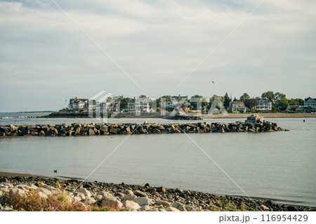 Scituate Harbor overlooks a breakwater in Massachusetts - oct, 2022 116954429