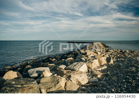 Scituate Harbor overlooks a breakwater in Massachusetts - oct, 2022 116954430