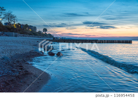 View of sand beach with wooden breakwaters on the Baltic Sea coast on sunset in Zelenogradsk. Russia 116954458