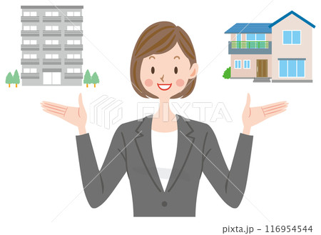 一戸建てかマンションか選択する女性 提案する不動産の営業 賃貸か購入か 一戸建てかマンションか選択する女性 提案する不動産の営業 賃貸か購入か 116954544
