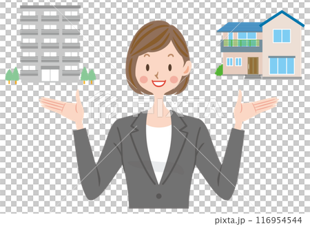 一戸建てかマンションか選択する女性 提案する不動産の営業 賃貸か購入か 一戸建てかマンションか選択する女性 提案する不動産の営業 賃貸か購入か 116954544
