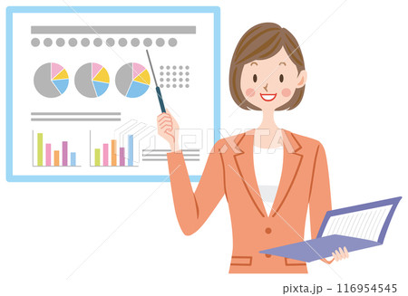 プレゼンするスーツの女性のイラスト 会社員 ビジネスシーン プレゼンするスーツの女性のイラスト 会社員 ビジネスシーン 116954545