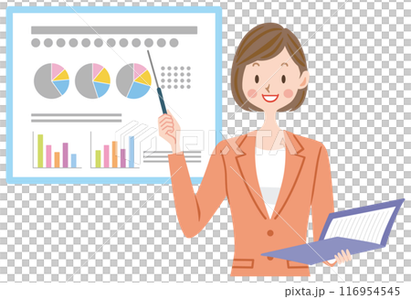 プレゼンするスーツの女性のイラスト 会社員 ビジネスシーン プレゼンするスーツの女性のイラスト 会社員 ビジネスシーン 116954545