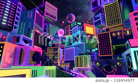 A whimsical cyberpunk cityscape with towering buildings pulsing to thumping bass lines of a virtual concert. A whimsical cyberpunk cityscape with towering buildings pulsing to thumping bass lines of a virtual concert. 116954977