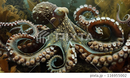 An octopus masterfully camouflages, leaving onlookers in awe of natures wonders. 116955002