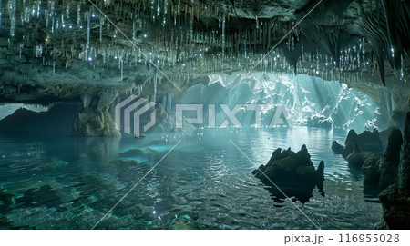 Mysterious underwater caverns with shimmering stalactites and stalagmites hold secrets intriguing explorers. 116955028