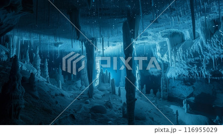 Hidden underwater caverns, sparkling with stalactites and stalagmites, await daring explorers. 116955029