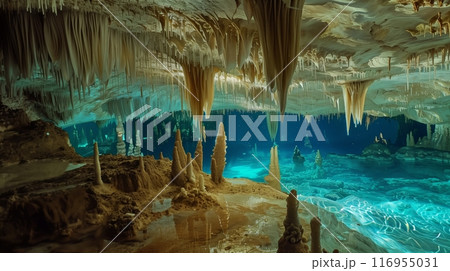 Mysterious underwater caverns with sparkling formations invite only the most daring explorers. 116955031