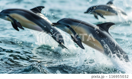 A lively pod of dolphins dances through the waves, leaving enchanting trails of bubbles in their wake. 116955032