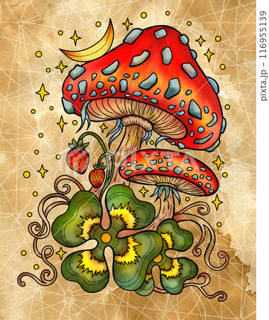 Vintage illustration with mystic mushrooms, magic and floral decorative elements, witchcraft symbols against textured background. Esoteric and witchy concept, hand drawn colorful poster or card Vintage illustration with mystic mushrooms, magic and floral decorative elements, witchcraft symbols against textured background. Esoteric and witchy concept, hand drawn colorful poster or card 116955139