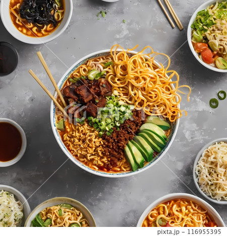Bowls of Asian ramen noodles with meat, vegetables and chopsticks, top view. celebrating Instant Noodle Day 116955395