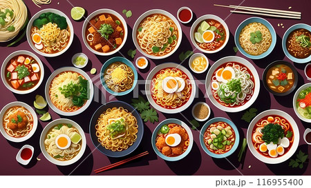 Noodles in bowls on a black background, top view and savoring various instant noodle recipes. celebrating Instant Noodle Day 116955400