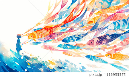 メルヘンチックな子どものシルエットとカラフルな魚の群れの水彩イラスト 116955575