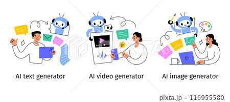 Set of vector illustrations with people using generative artificial intelligence tools. AI text generator, generating video with robot, computer making images. Flat cartoon style, human interaction Set of vector illustrations with people using generative artificial intelligence tools. AI text generator, generating video with robot, computer making images. Flat cartoon style, human interaction 116955580
