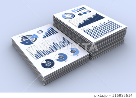 山積みされたビジネス資料、事業戦略の構築やデータ分析のイメージ 116955614