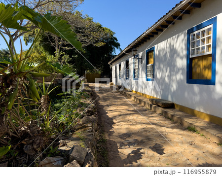Traditional White House with Blue Windows in Serene Setting 116955879