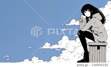 青い空と白い雲と考え事をしている女性のコピースペースのある背景画