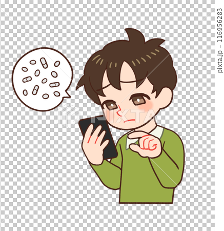 Illustration of a child holding a smartphone and looking at the screen to check medicine Illustration of a child holding a smartphone and looking at the screen to check medicine 116956283