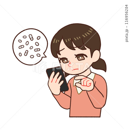 スマホを持ち画面を見て薬を調べる子供のイラスト 116956284