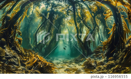 The haunting beauty of an underwater forest, with swaying kelp, hides diverse marine creatures in a magical world. 116956555