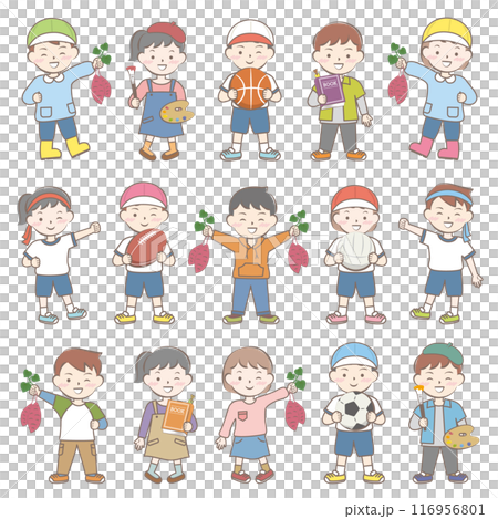 Children's autumn activities: digging sweet potatoes, sports, reading, art 116956801