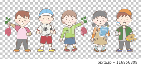 Children's autumn activities: digging sweet potatoes, sports, reading, art Children's autumn activities: digging sweet potatoes, sports, reading, art 116956809