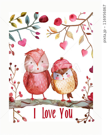 Valentine's day greeting card with cute owls and text I love you 116956867