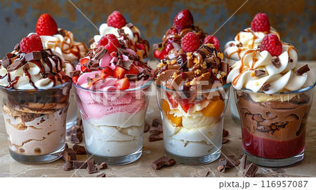 Sundae Ice Creams with Whipped Cream, Chocolate Syrup, and Fruit Toppings 116957087