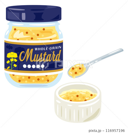 瓶に入った粒マスタードと小鉢に盛られた粒マスタード 116957196