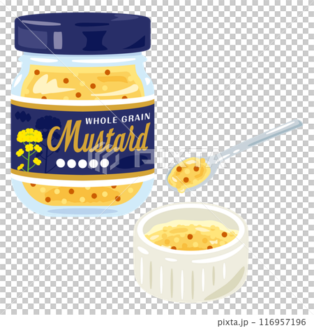 瓶に入った粒マスタードと小鉢に盛られた粒マスタード 116957196
