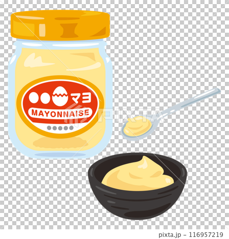 瓶に入ったマヨネーズと小鉢に盛られたマヨネーズ 116957219