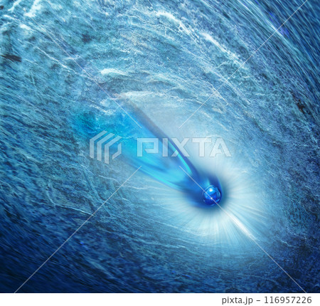 荒涼とした青い宇宙空間に透明な青い水の惑星が白い衝撃波を起こしながら衝突するイメージイラスト 116957226
