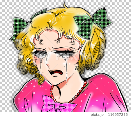 一幅 70 年代女孩漫畫風格的金髮女士因破碎的心而哭泣的插圖。 一幅 70 年代女孩漫畫風格的金髮女士因破碎的心而哭泣的插圖。 116957256