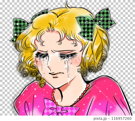 An illustration of a 70s manga-style blonde young lady crying over a broken heart An illustration of a 70s manga-style blonde young lady crying over a broken heart 116957260
