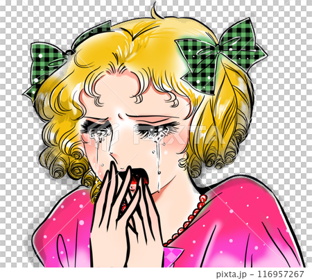 一幅 70 年代女孩漫畫風格的金髮女士因破碎的心而哭泣的插圖。 116957267