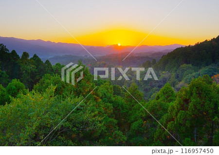 深緑の谷間に囲まれた晩秋の房総丘陵に沈む夕陽の風景　Ver2 116957450