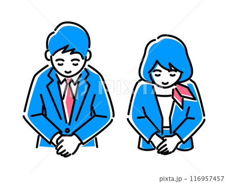 お辞儀をするビジネスパーソン男女の上半身イラスト素材 お辞儀をするビジネスパーソン男女の上半身イラスト素材 116957457