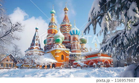 A vividly colored Russian cathedral stands majestically against a wintry backdrop, showcasing its vibrant hues. A vividly colored Russian cathedral stands majestically against a wintry backdrop, showcasing its vibrant hues. 116957607