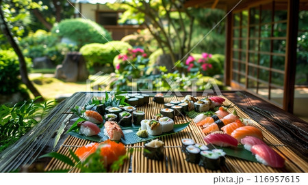 A Japanese tea house garden features beautifully presented sushi and sashimi on a bamboo mat, enhancing serenity. 116957615