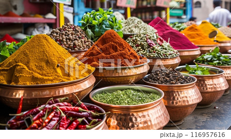 A bustling Indian spice market displays colorful spices, dried chilies, and fresh herbs in large copper bowls. 116957616