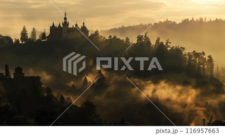 Historic castle silhouette on misty hill at dawn, surrounded by lush forests and soft, golden light. 116957663