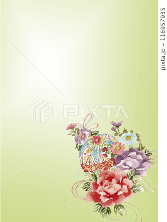水彩で描いた花と手まりのある背景イラスト【手描き】コピースペースあり 116957935