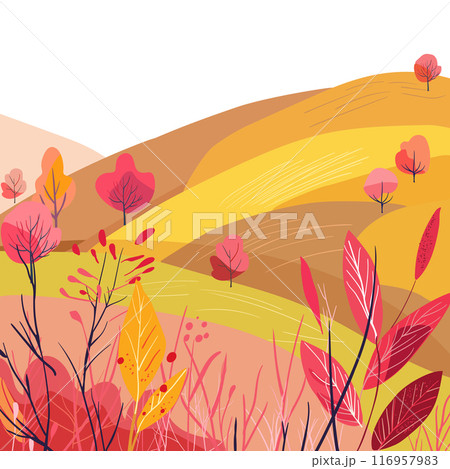 A set of vertical posters with autumn cards. Landscape hills. Nice house. Invitation to the sale. Magazine and book cover. A set of vertical posters with autumn cards. Landscape hills. Nice house. Invitation to the sale. Magazine and book cover. 116957983
