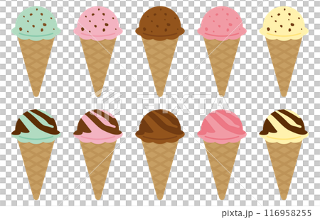 Ice cream set with chocolate, chocolate sauce, chocolate mint, strawberry chocolate, chocolate, vanilla chocolate Ice cream set with chocolate, chocolate sauce, chocolate mint, strawberry chocolate, chocolate, vanilla chocolate 116958255