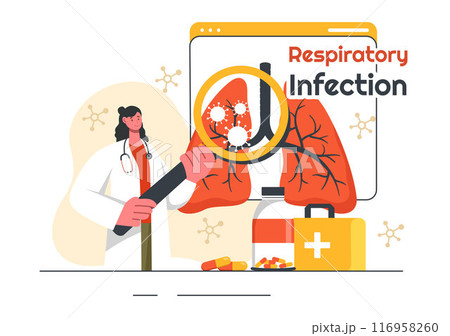 Vector Illustration of Respiratory Infection and Inflammation in the Lungs Caused by Virus Cells on a Background in Healthcare and Medical Concept 116958260