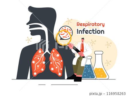 Vector Illustration of Respiratory Infection and Inflammation in the Lungs Caused by Virus Cells on a Background in Healthcare and Medical Concept 116958263