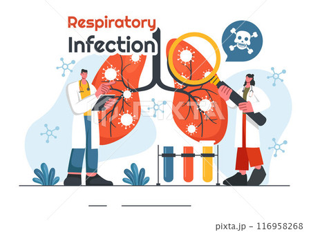 Vector Illustration of Respiratory Infection and Inflammation in the Lungs Caused by Virus Cells on a Background in Healthcare and Medical Concept 116958268