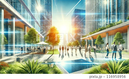 ビルの屋上から見る夕暮れのビル群 116958956