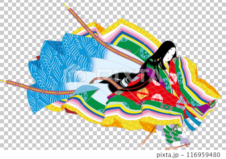 Illustration of a woman wearing a folding fan and a twelve-layered kimono. The national costume of Japanese aristocrats. 116959480