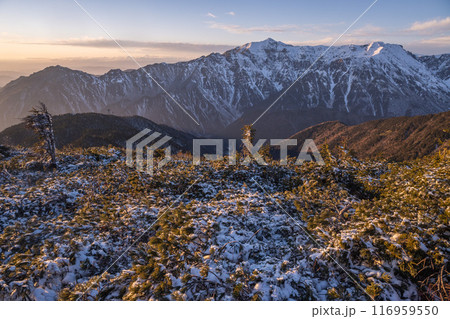 日本アルプスの稜線から見る初冬の北アルプス　山の頂上に雪が降り積もる　雪化粧する北アルプスの山々 116959550